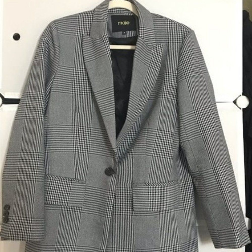 Maje  Houndstooth Plaid Blazer Size 38 Single Button Lined Black Grays